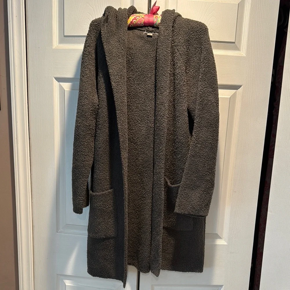 EUC long Barefoot Dreams grey open front hooded cardigan L - Picture 1 of 3